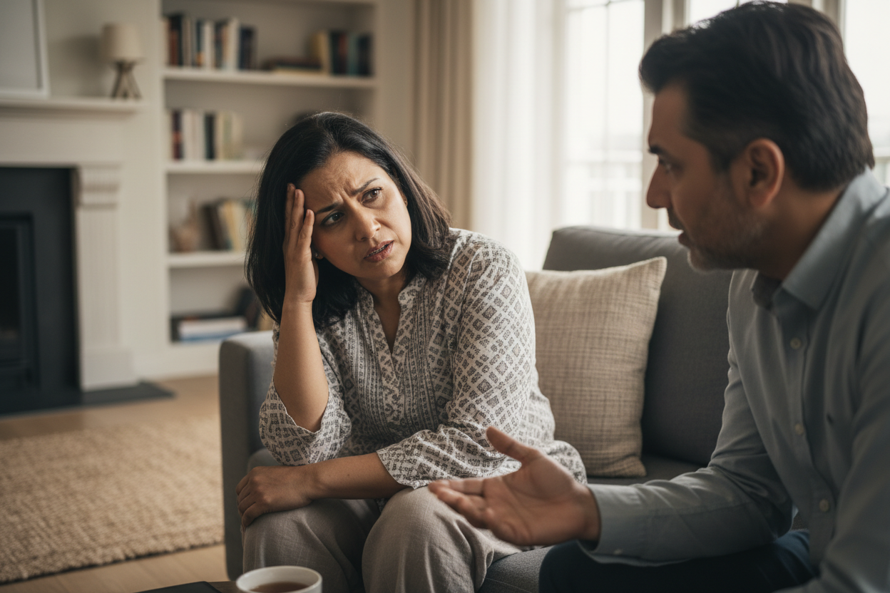 a realistic image of a mid aged south asian women feels brain fog on speaking with husband