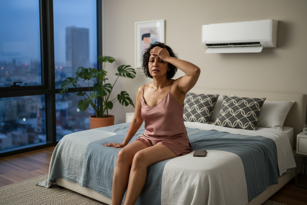 a realistic image of indian mid aged city women wake up due to excessive sweat 