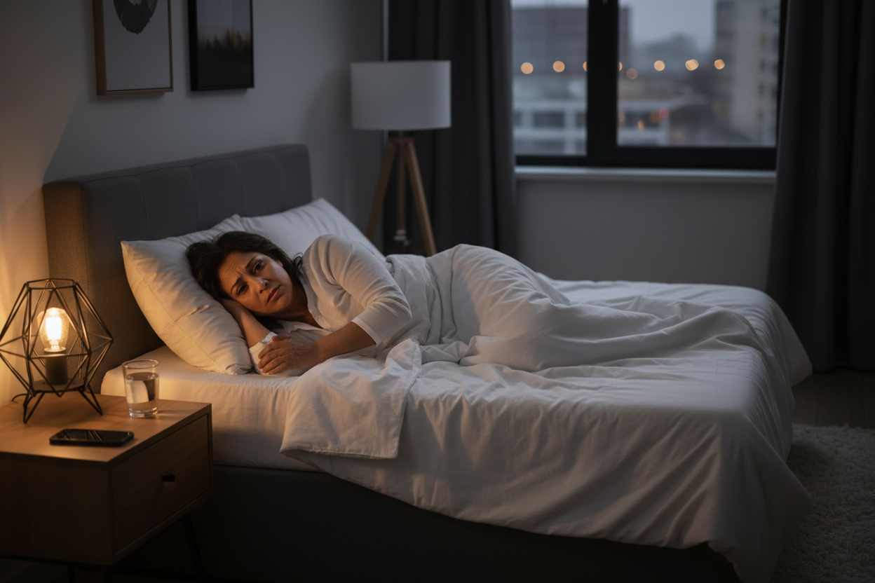 a realistic image of south asian mid aged city women lying on bed without sleep